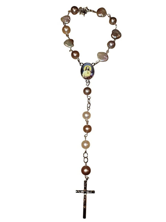 "Melissa" Freshwater Pearl Rear-view Mirror Rosary and Signature Melissa "Angel's in the Outfield" Angel and Glass Beads Rosary