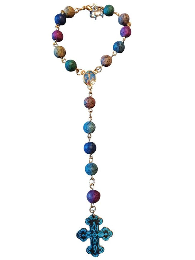 "Joaquin"and "Tim N" Multi-colored Granite Bead Rear-view Mirror Rosary