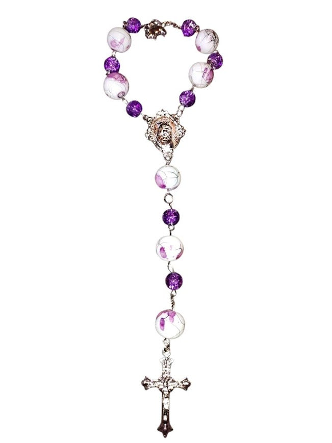 "Mya" and "Leslie S" Purple Quartz and Flowery Glass Beaded Rear-view Mirror Rosary