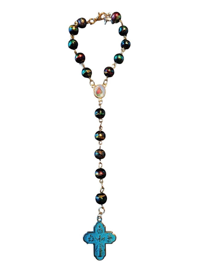 "Louis" Black Multi-colored Bead Rear-view Mirror Rosary