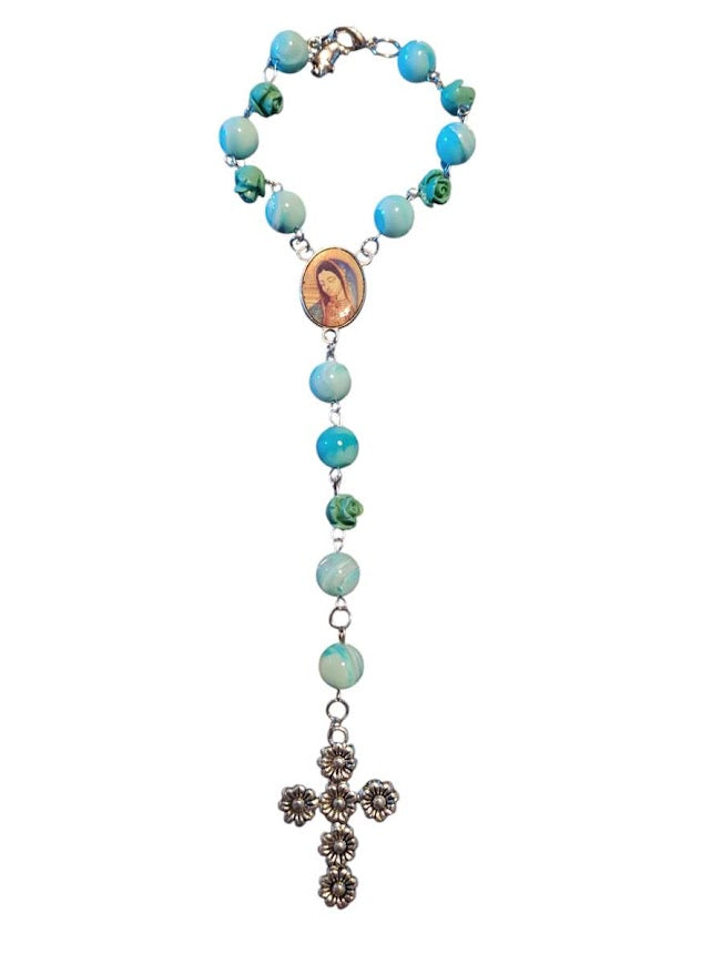 "Joyce" Mint and Turquoise Rose Rear-view Mirror Rosary