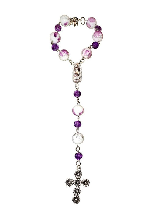 "Mya" and "Leslie S" Purple Quartz and Flowery Glass Beaded Rear-view Mirror Rosary