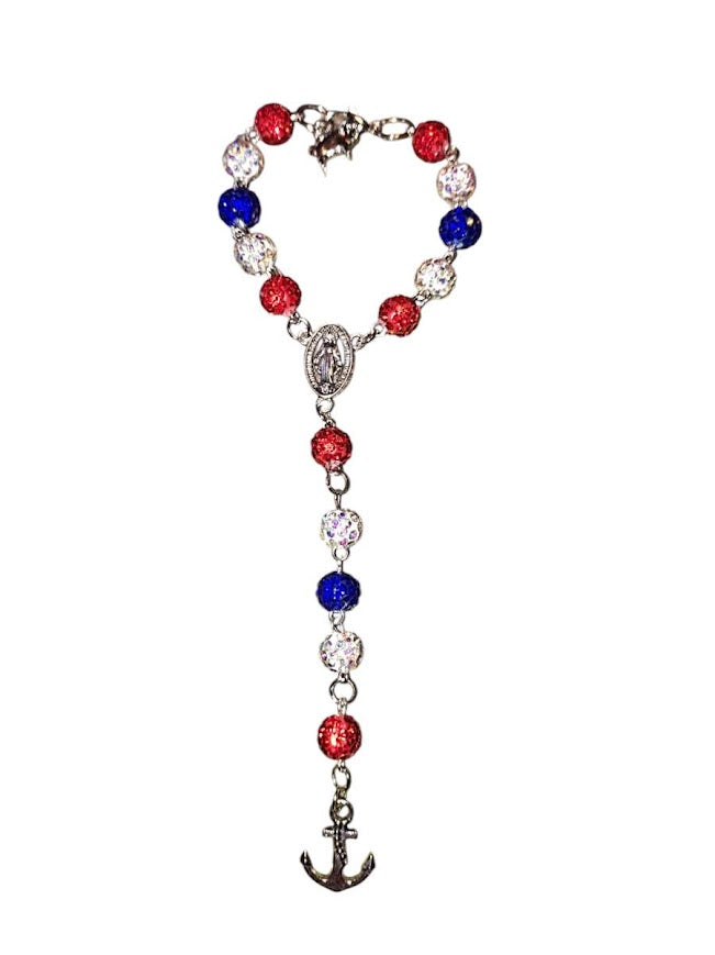 "Gary" and "Jade" Red, White and Blue Rhinestone Rear-view Mirror Rosary