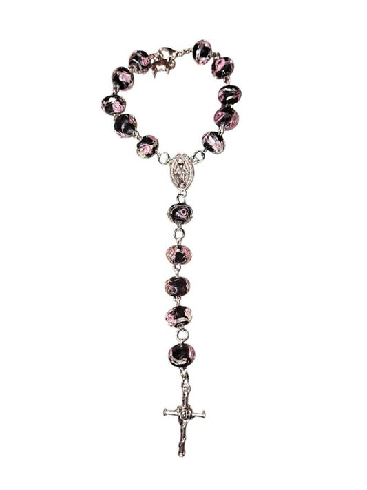 "Angel" Black and Pink Rose Facet Bead Rear-view Mirror Rosary