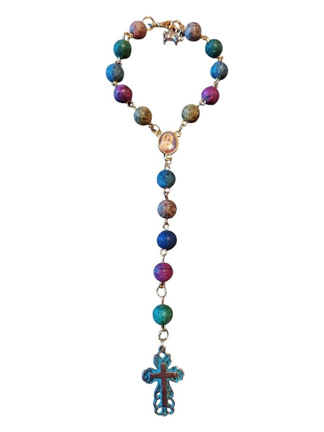 "Luis" and "Liam"  Multi-colored Granite Beaded Rear-view Mirror Rosary