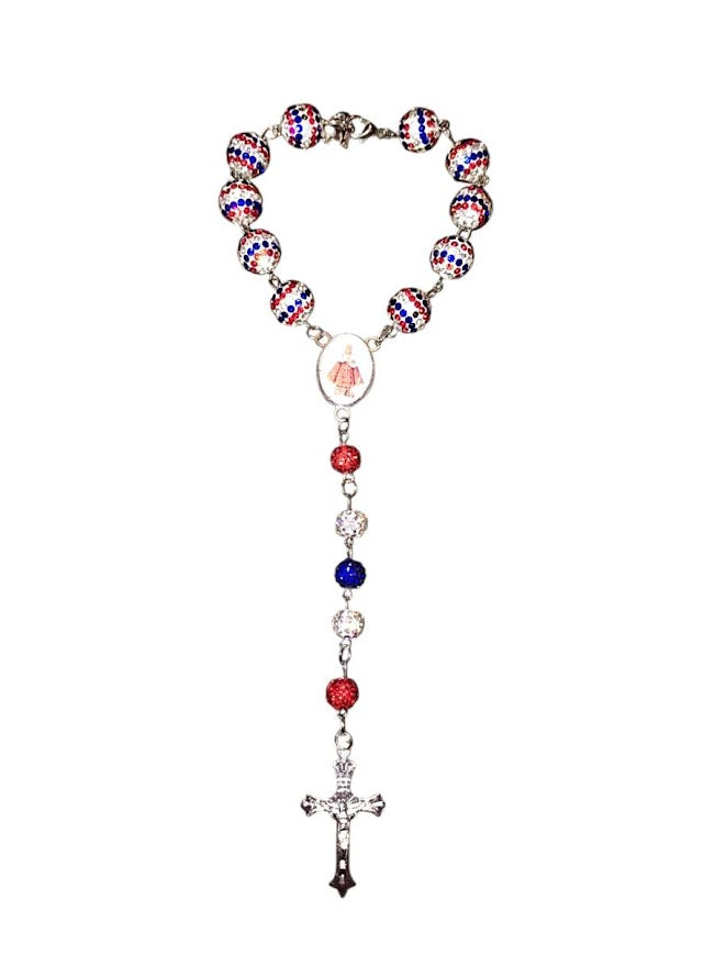 "Gary" and "Jade" Red, White and Blue Rhinestone Rear-view Mirror Rosary