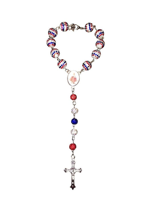 "Gary" and "Jade" Red, White and Blue Rhinestone Rear-view Mirror Rosary