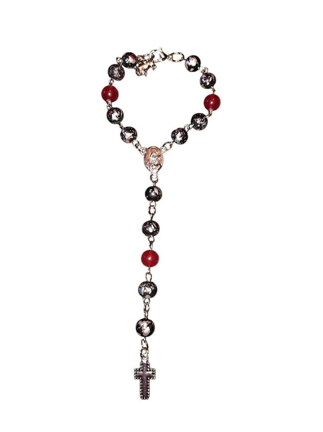 "Gavino" Black agate and Red Glass Bead Rear-view Mirror Rosary