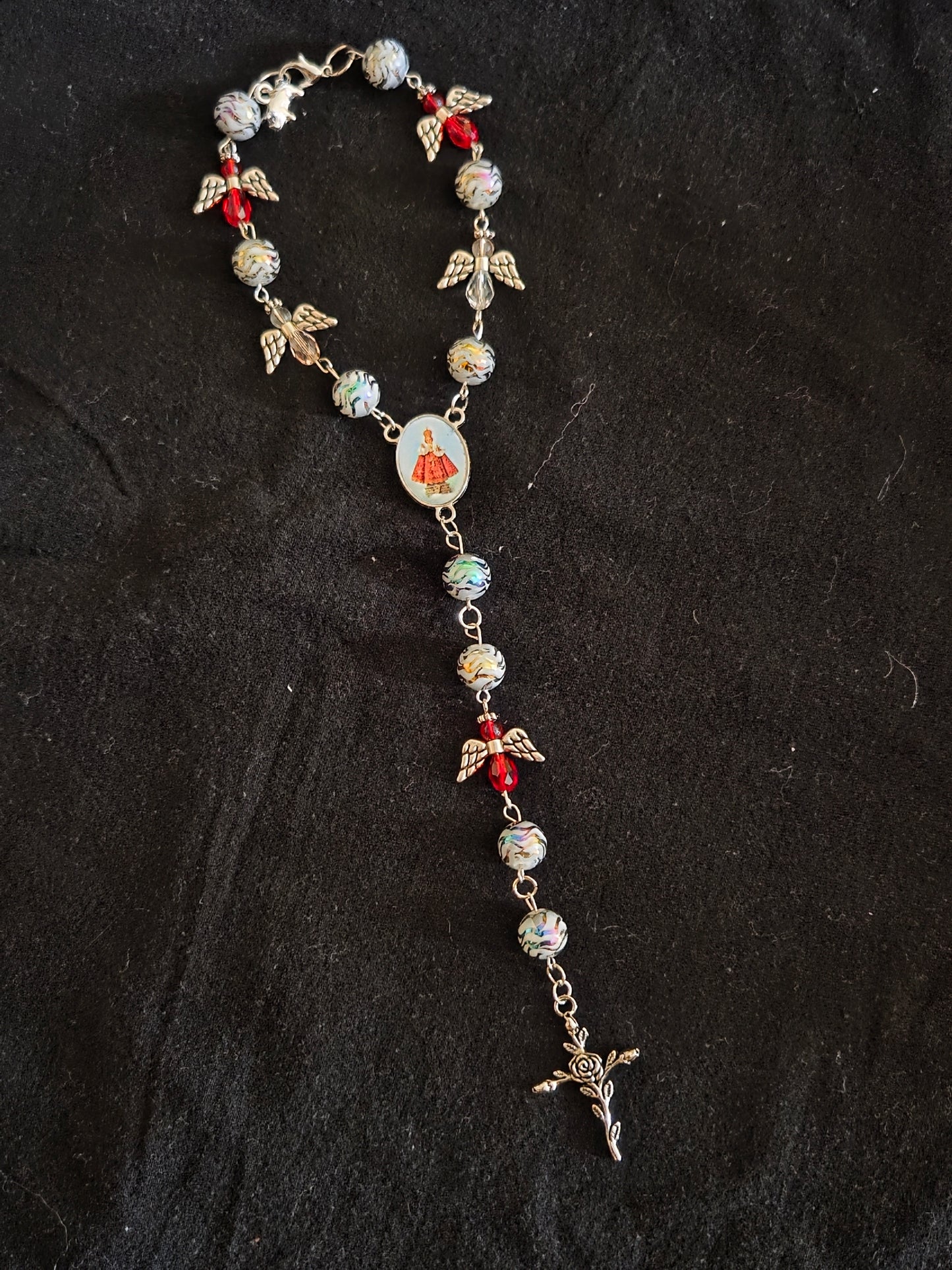 "Melissa" Freshwater Pearl Rear-view Mirror Rosary and Signature Melissa "Angel's in the Outfield" Angel and Glass Beads Rosary